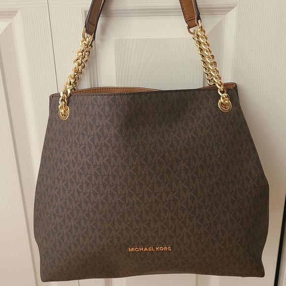 Michael Kors Chain Tote Bag – NWT Brown MK Logo Gold Hardware Shoulder Purse - Picture 4 of 12